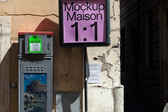 Urban scene with Mockup Maison sign, street vending machine, and textured walls, suitable for realistic mockup graphics design inspiration.