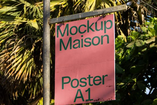 Outdoor poster mockup on metal sign with tropical foliage background, ideal for presenting design work and graphics to clients.