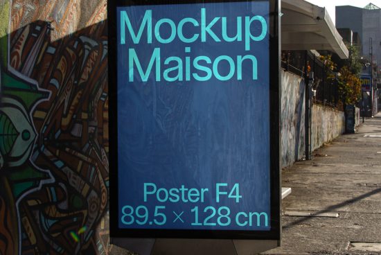 Urban street scene with a poster mockup display reading Mockup Maison, Poster F4 89.5 x 128 cm, ideal for graphic design and advertising presentations.