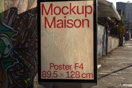 Urban street poster mockup displayed outdoors for advertising design presentation, showing dimensions 89.5x128 cm with graffiti in background.