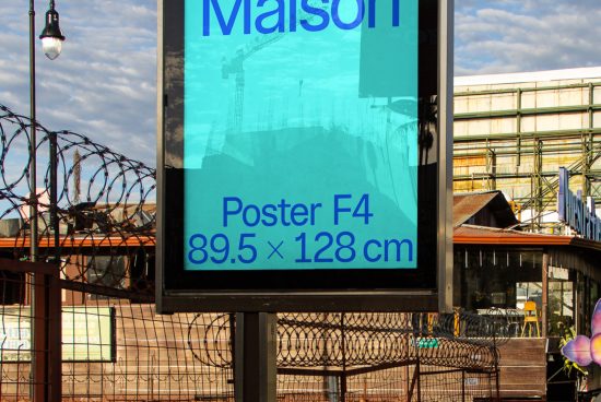 Outdoor advertising mockup featuring a large poster on a streetlight pole with industrial background, ideal for billboard design display.