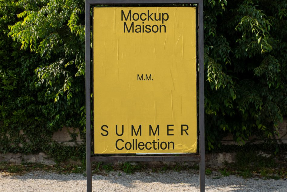 Outdoor advertisement mockup with text Mockup Maison and Summer Collection on a yellow background flanked by green foliage.