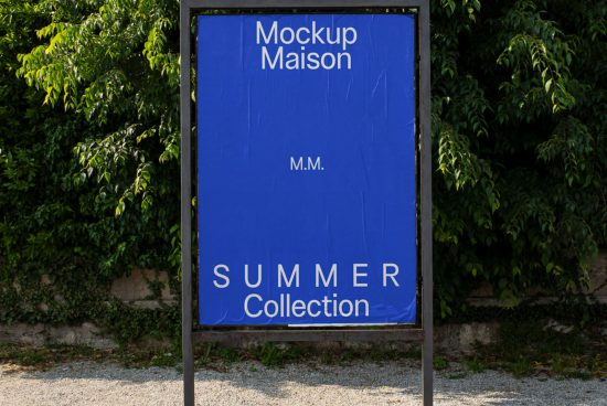 Outdoor billboard mockup with blue background and "Mockup Maison Summer Collection" text, framed by green foliage, ideal for design presentation.