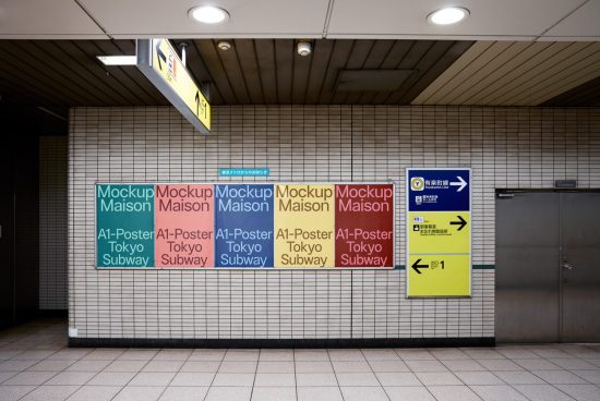 Subway station mockup with colorful A1-size poster advertisements, ideal for designers to showcase graphics and fonts in a realistic setting.