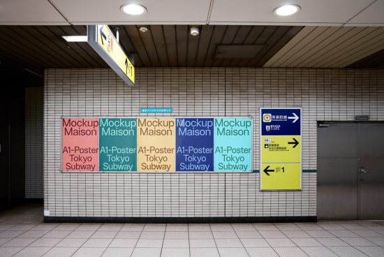 Subway poster mockup in a tiled station, featuring multiple placeholders for design display, ideal for urban advertising graphics.