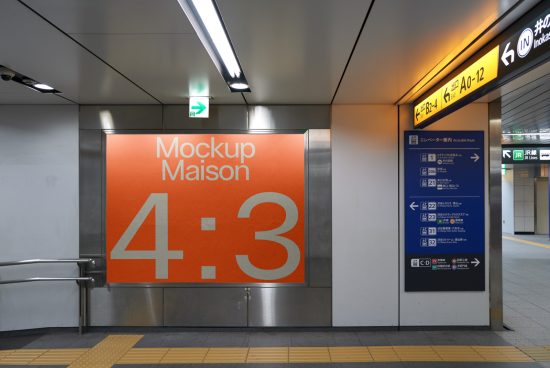 Orange advertisement billboard mockup in a subway station with editable design space for designers to showcase graphics and ads.