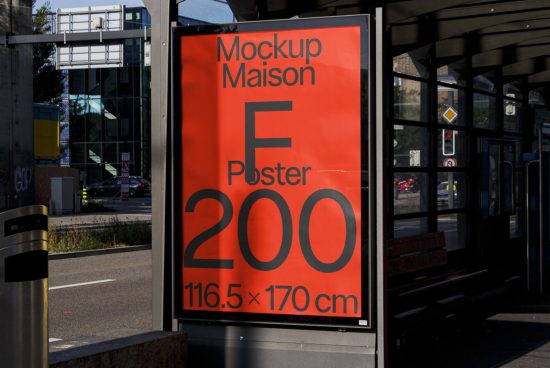 Outdoor bus stop poster mockup in daylight showcasing a bold design, suitable for billboard advertising presentations and urban graphic displays.