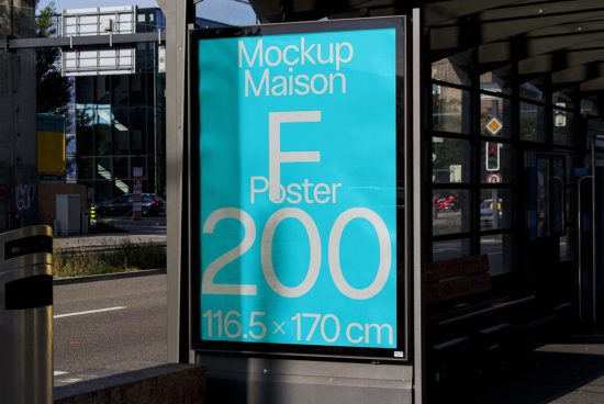 Urban bus stop billboard mockup with a large turquoise poster advertising design dimensions, suitable for displaying outdoor advertising graphics.
