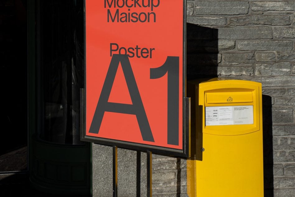 Red poster on black stand next to yellow mailbox on brick wall alley
