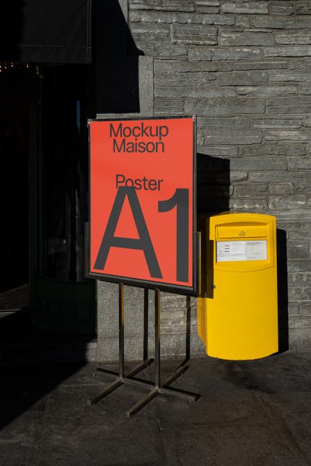 Red poster on black stand next to yellow mailbox on brick alley at night
