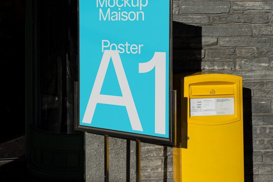 Turquoise poster on black stand next to yellow mailbox on brick alley