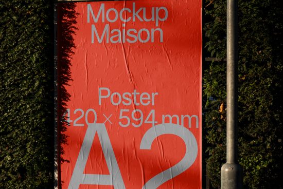 Red A2 poster mockup on urban pole with green foliage backdrop for realistic design presentation, outdoor advertising graphic template.