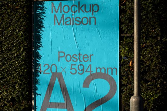 Teal poster mockup A2 size on hedge background with realistic textures and lighting for designers to showcase designs.