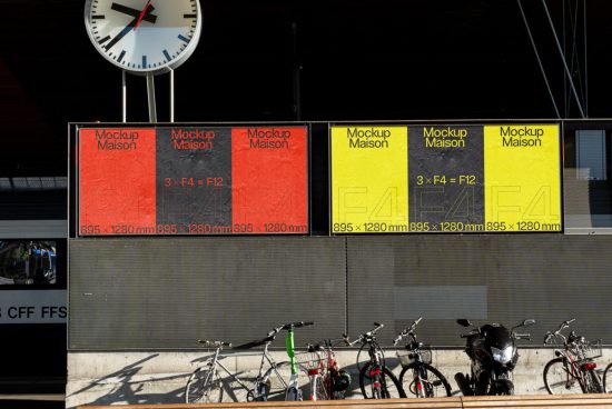Outdoor billboard mockup in urban setting with bicycles, showcasing different colors for designer templates, clear visibility, and size indications.
