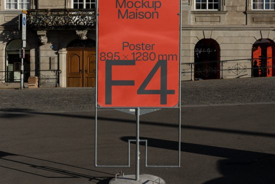 Street poster mockup in urban setting for designers, featuring a bold F4 graphic and dimensions detailing, ideal for showcasing advertising designs.