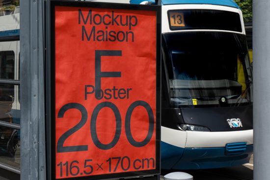 Urban bus stop mockup featuring a red poster advertisement with large text, set against a city bus background. Perfect for designers’ outdoor display projects.