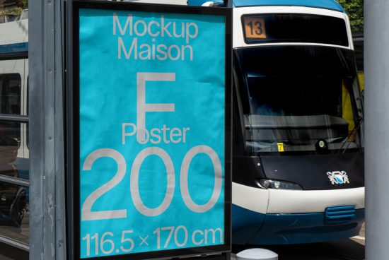 Urban bus stop mockup featuring a large turquoise poster advertisement for designers and marketers.