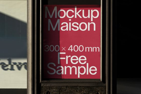 Outdoor poster mockup in a metallic frame with sun shadows, showcasing a red advertisement sign for design presentation.