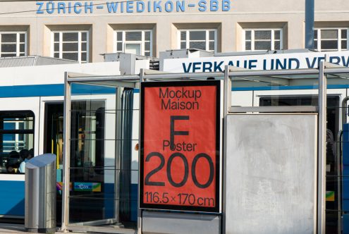 Outdoor poster mockup displayed at a bus stop with clear view, perfect for designers to showcase advertising designs in a realistic urban setting.