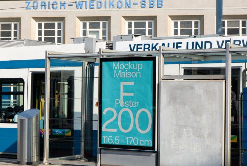 Urban poster mockup displayed in a bus stop shelter for outdoor advertising design presentations, realistic city environment, designers asset.