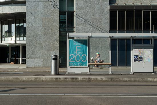 Urban bus stop with a clear mockup poster display for design presentation, including a passerby on a bicycle, outdoor advertising scene.