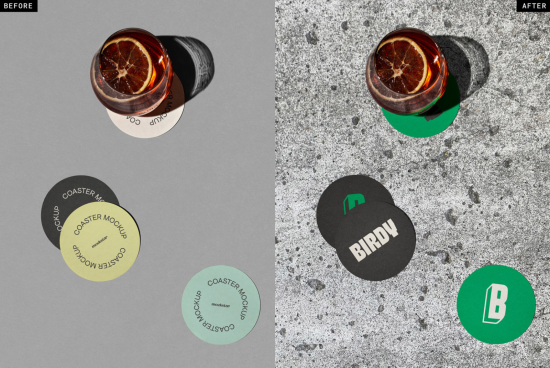 Before and after photo of drink coasters mockup showcasing customization potential for designers, ideal for brand presentation.