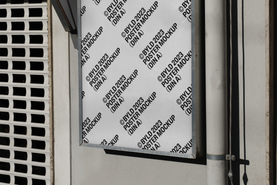 Outdoor poster mockup on a wall next to a vent, angled view, displaying multiple instances of the same branding, suitable for showcasing design work.