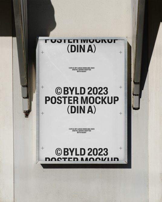 Alt: Poster mockup displayed on a sunny wall, suitable for designers seeking realistic mockup templates for presentations, tagged as DIN A format.