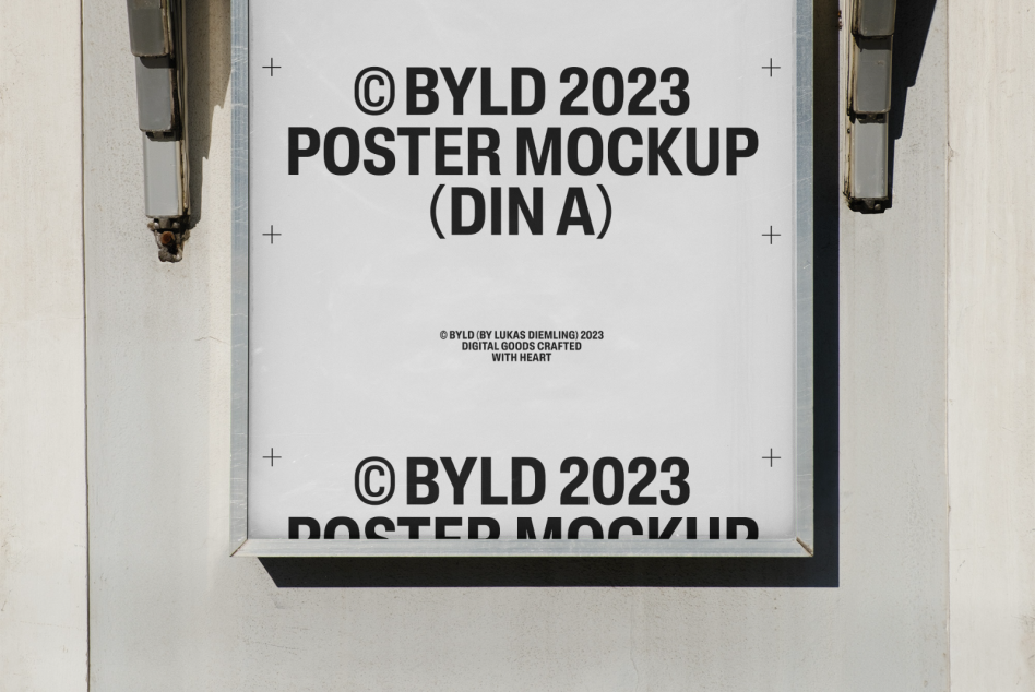 Poster mockup displayed on wall, clear design, 2023 BYLD brand, for graphic design template, professional presentation tool.