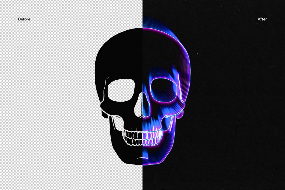 Split comparison of a plain skull graphic on transparent background and an illuminated neon skull design against black, for creative assets.