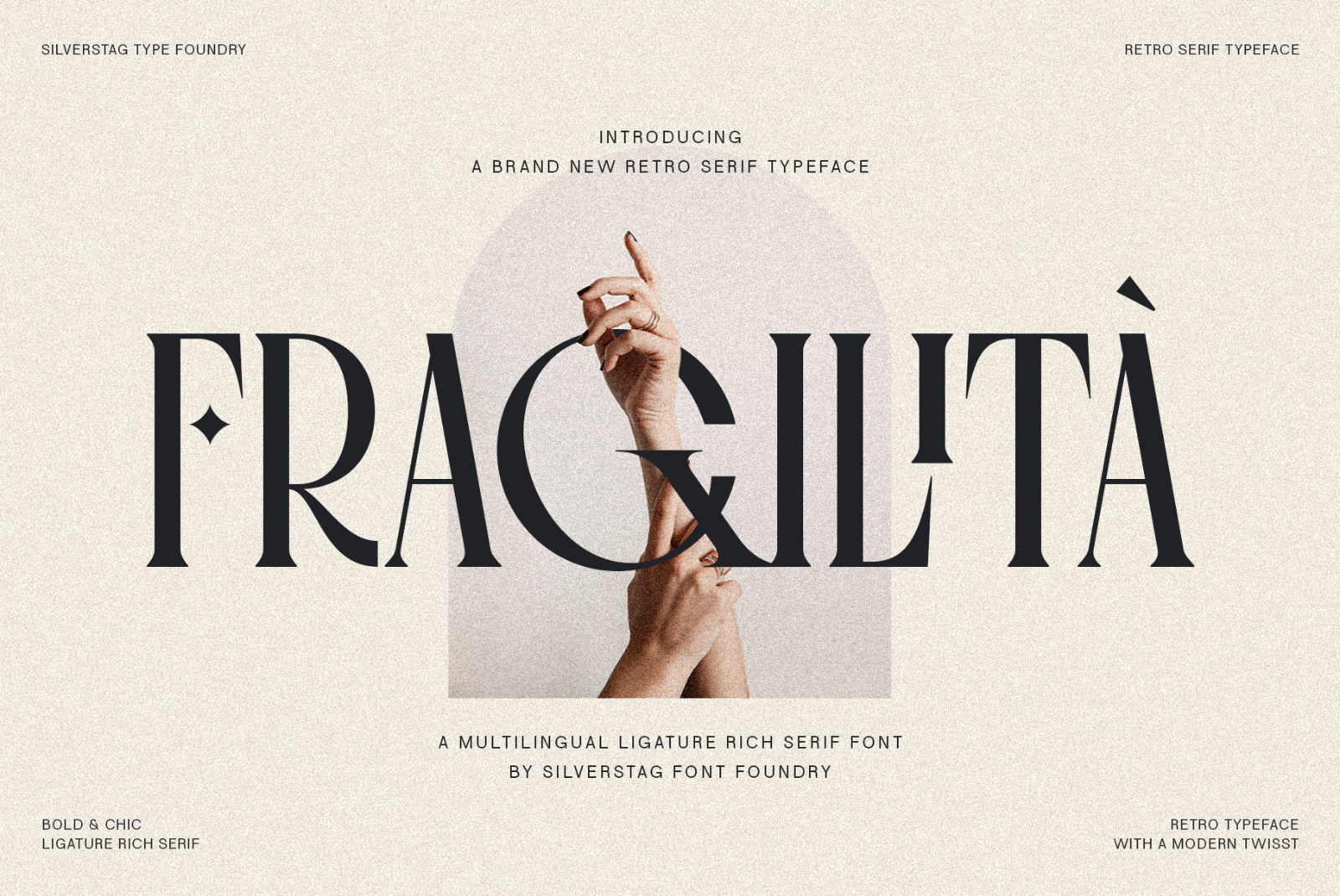 Retro Serif Typeface Fragilita Display, modern elegant font by Silverstag, ideal for branding, advertisements, multilingual ligature-rich design.