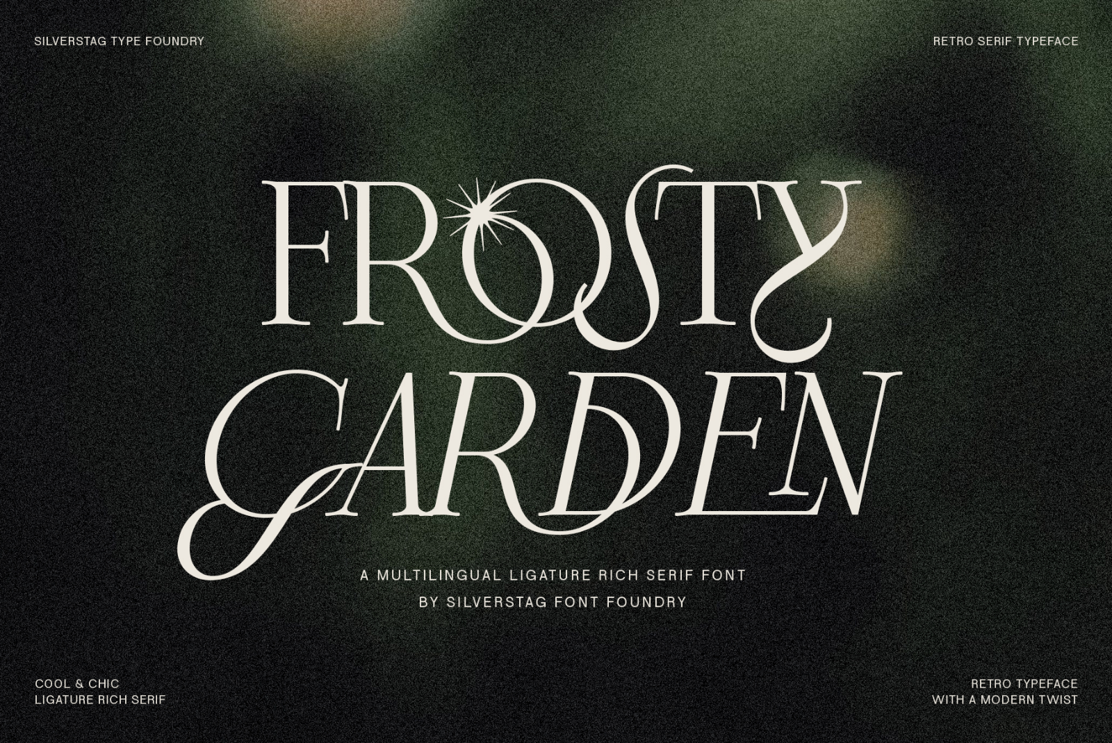 Retro serif typeface Frosty Garden preview by Silverstag, showcasing a multilingual ligature-rich serif font for designers.