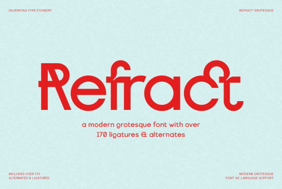 Red modern grotesque font showcase for Refract with alternates and ligatures from Silverstag Type Foundry, ideal for design and branding.