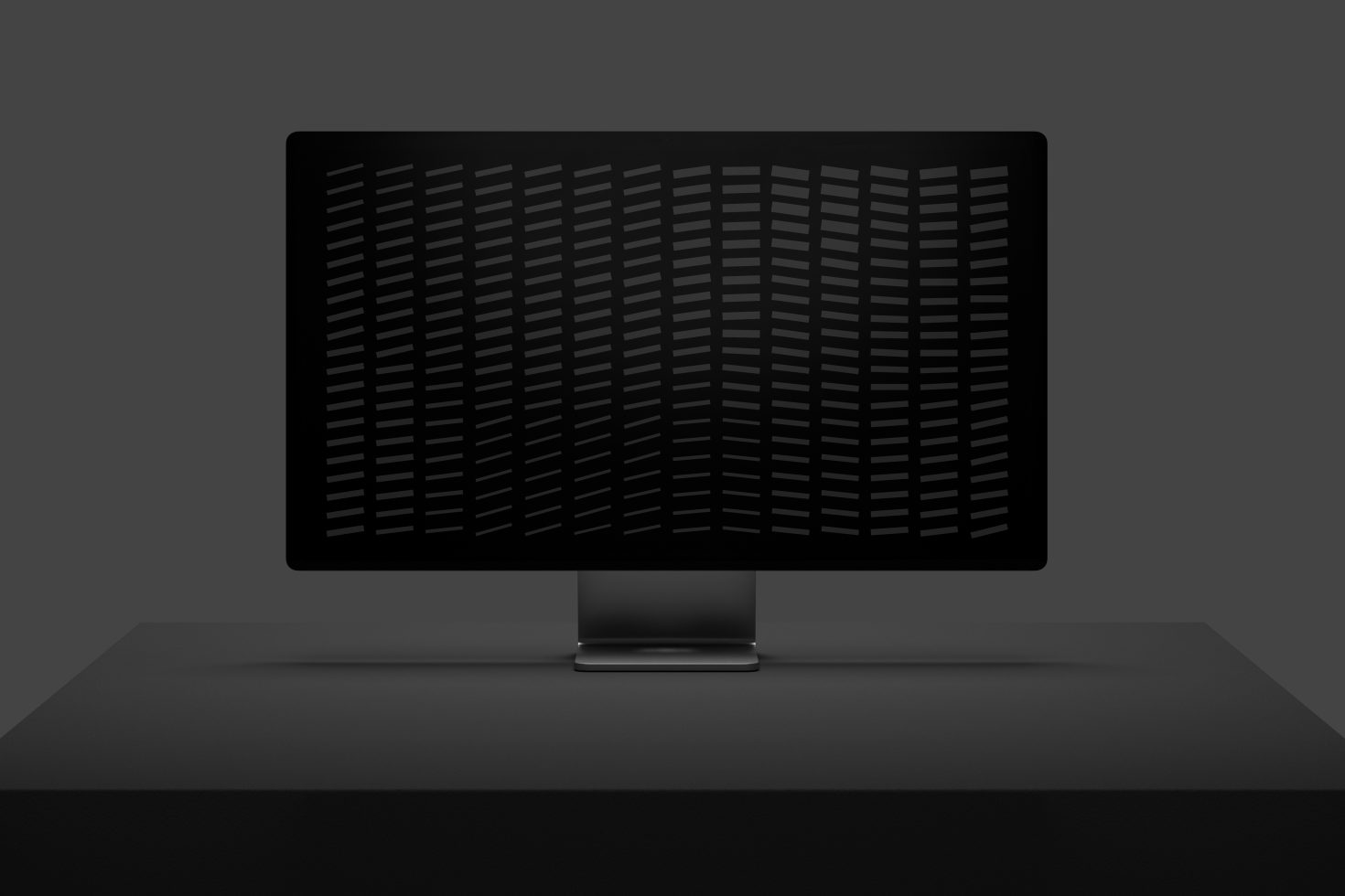 Minimalist computer monitor on a desk mockup in a dark setting, ideal for presenting digital design work, user interface, and web graphics.