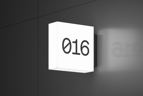 Modern wall-mounted illuminated signage mockup displaying the number 016 designed for designers interior mockups digital assets marketplace graphics templates.