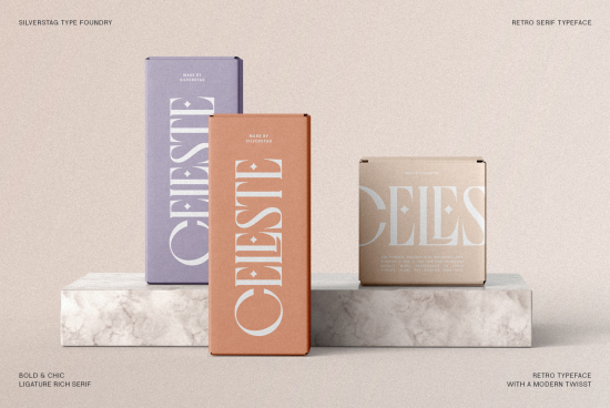 Elegant serif typeface mockups on book covers in lilac, peach, and beige, showcasing font design for branding, graphics, and templates.