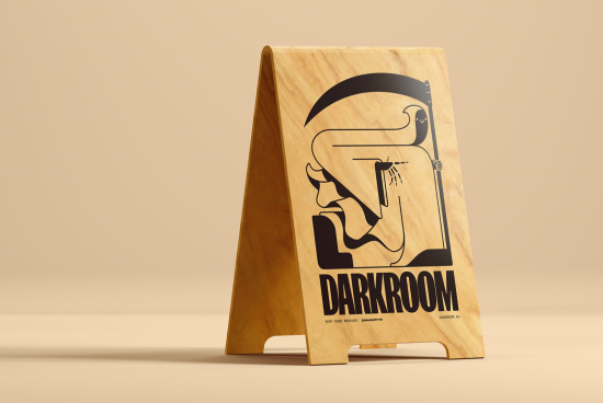 Wooden A-frame sign mockup with bold graphic design, ideal for showcasing signage, branding, and logo presentation for designers.