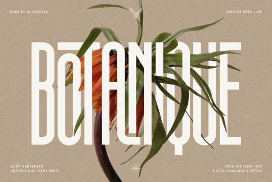 Stylish botanical font display with ultra-condensed sans serif design and nature-inspired graphic elements for creative projects.