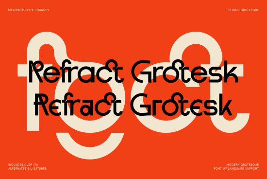 Modern Refract Grotesk font showcase by Silverstag Type Foundry, featuring bold sans-serif typeface with alternates and ligatures, design asset.