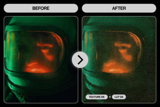 Before and after photo editing comparison showing color grading with texture and LUT applied on astronaut helmet image, ideal for graphics and templates.