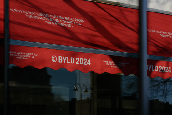 Red scalloped awning with 'BYLD 2024' branding, showcasing bold typography design, suitable for mockup templates and graphic elements.
