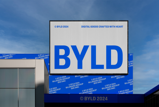 Outdoor billboard mockup in daylight with clear blue sky, showcasing large typography design, perfect for advertising presentations and branding.