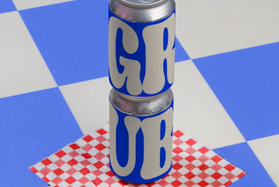 Stacked beverage cans with bold blue font mockup on checkered background, ideal for graphic design presentation in beverage branding.