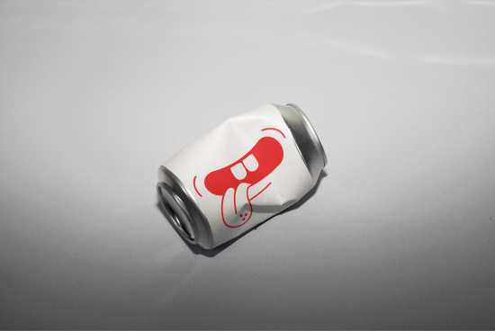 Mockup of a soda can lying on its side with a playful face design, ideal for product presentation and branding projects.