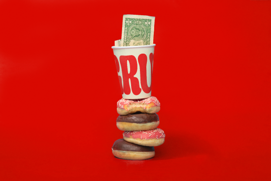 Paper cup with currency on donuts stack, bold typography, creative mockup design, red background, ideal for presentations and advertising.