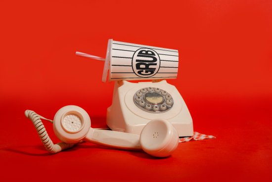Vintage rotary phone with striped cup mockup against red background for bold ad designs, pop art templates, and creative graphics.