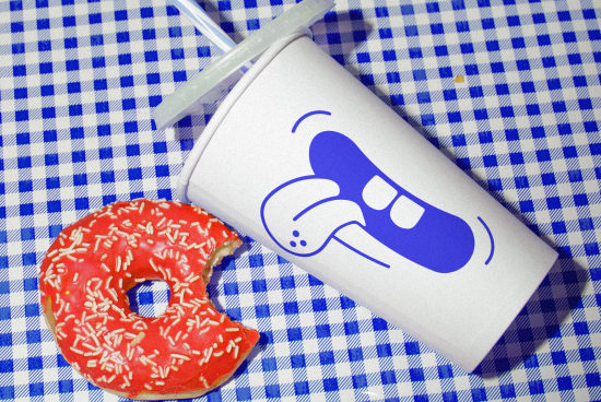 Creative packaging mockup featuring a soda cup with whimsical face design and a bitten donut on checkered background for food branding designs.