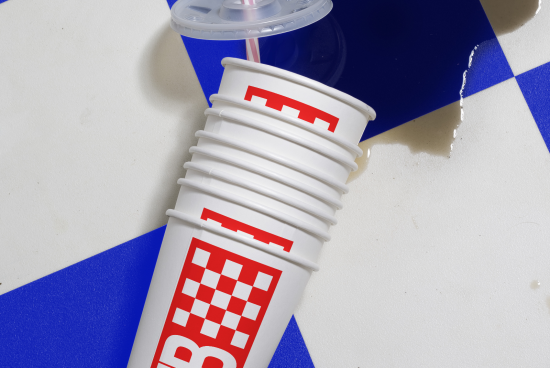 Stack of white paper cups with red and white logo mockup on a blue and white abstract background, perfect for designers, branding graphics.