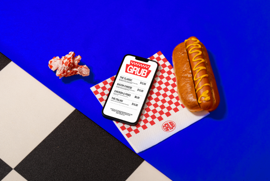 Vivid food themed mockup with smartphone, hotdog, napkin on blue background for menu display, graphic design, template use.