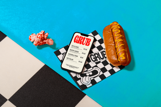 Creative menu mockup with hot dog, checkered board design, crumpled paper on a blue background suited for restaurant graphics display.